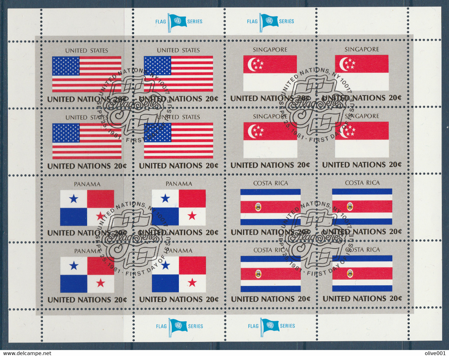 ONU New-York Série Drapeaux, USA, Singapour; Panama; Costa Rica, Feuille Oblitérée. Flag, Sheet, Used. - Usados