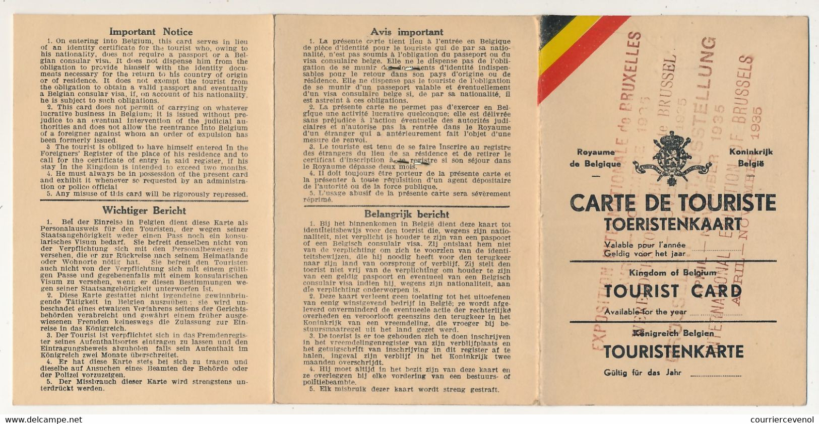 BELGIQUE - Carte De Touriste / Toeristenkaart - Sté Nle Chemins De Fer Belges - 1935 - Expo Internationale De Bruxelles - Documents Historiques