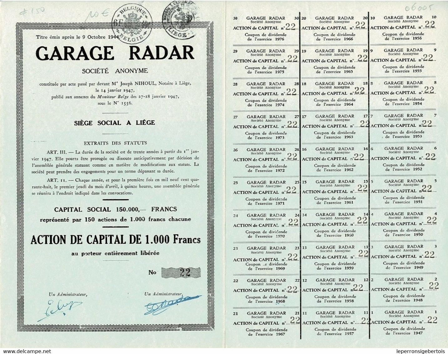 Titre De 1947 - Garage Radar à Liège - Rare - Cars