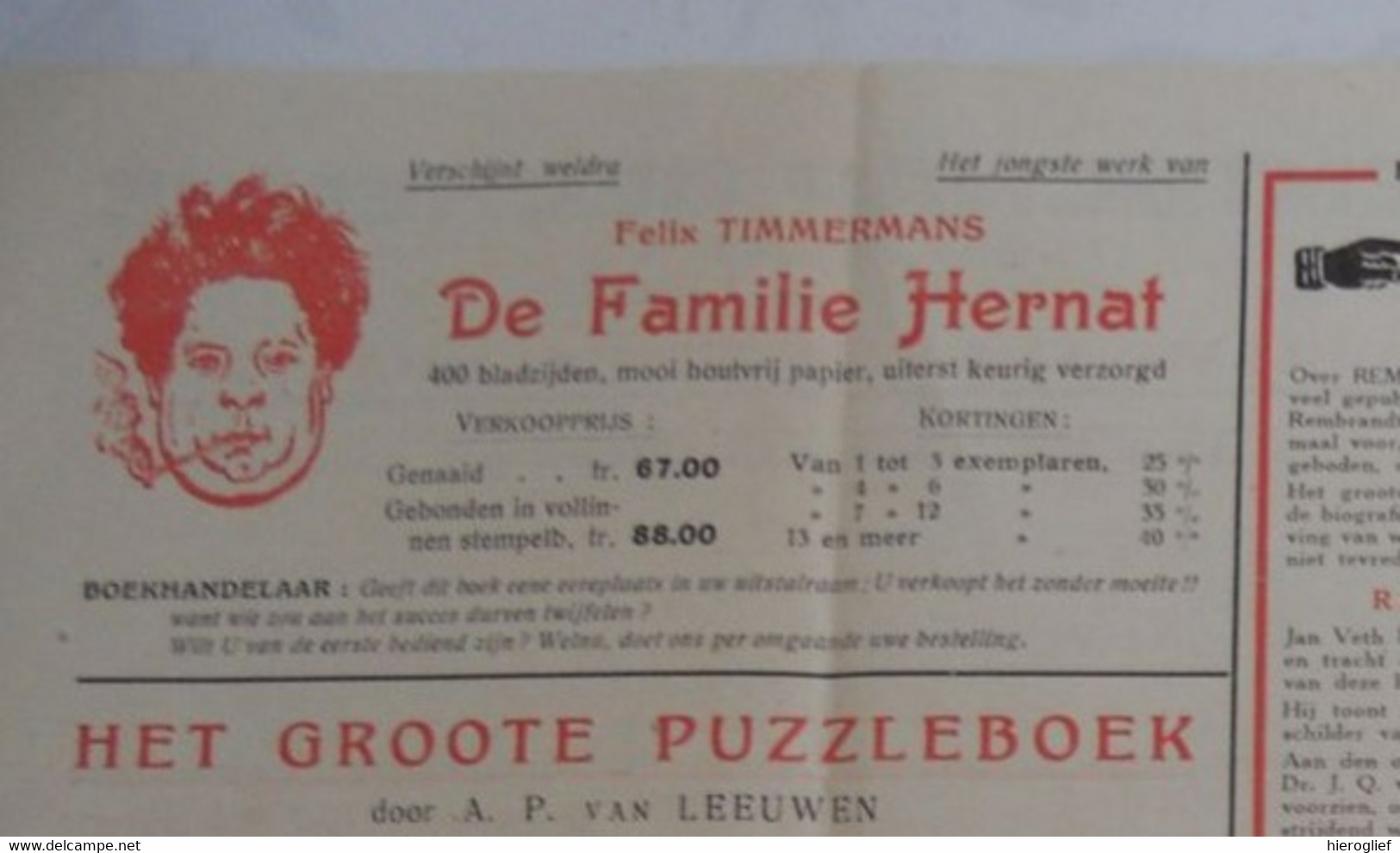 AGENTSCHAP DECHENNE - Afdeling VLAAMSCHE BOEKHANDEL Prospectus Kataloog 1941 F Timmermans De Familie Hernat - 1900 – 1949