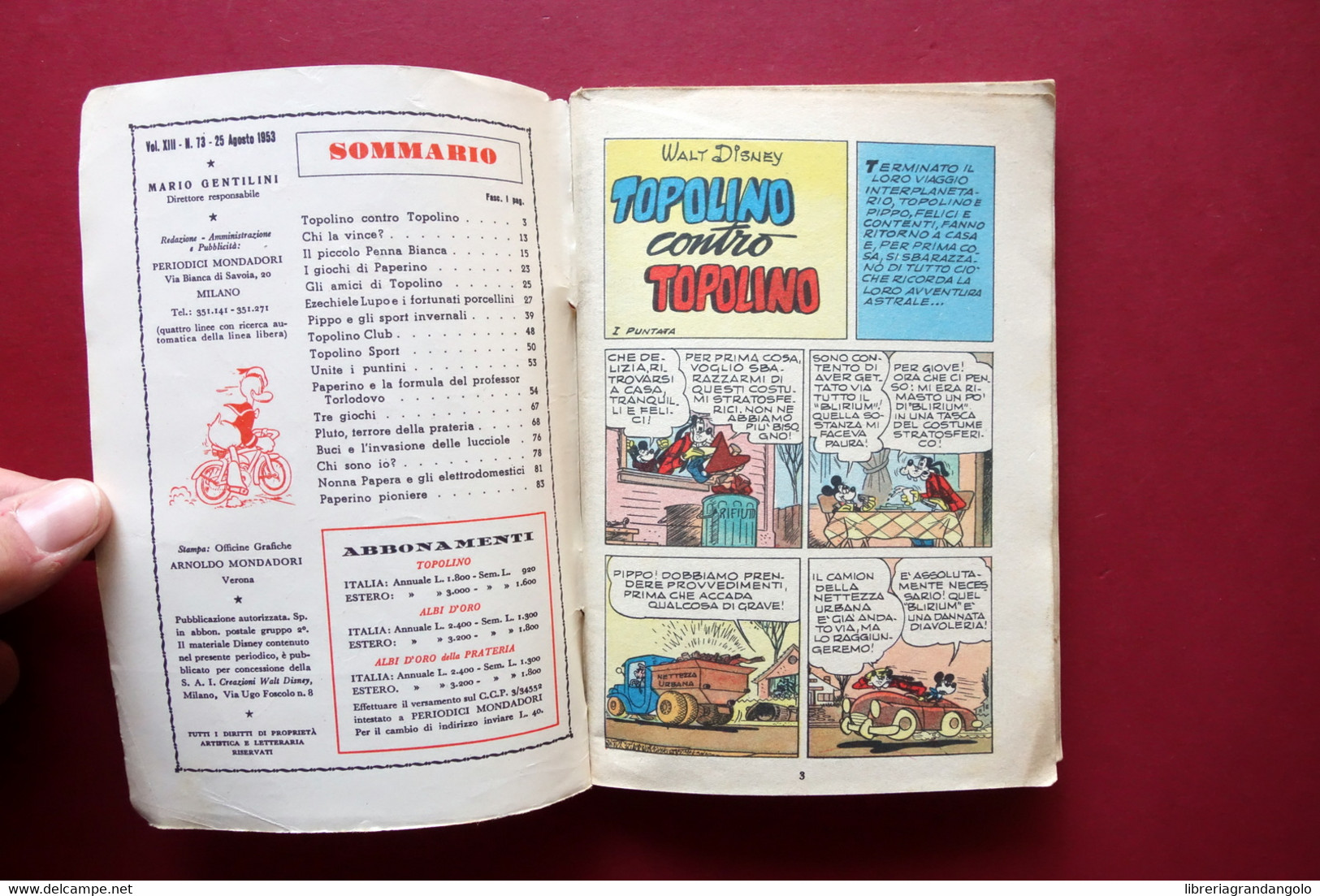Topolino Walt Disney Numero 73 25 Agosto 1953 Mondadori Con Bollino