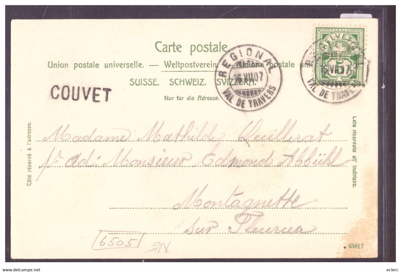 COUVET - LES FABRIQUES - AU DOS: CACHET LINEAIRE " COUVET " - SONDERSTEMPEL - TB - Couvet