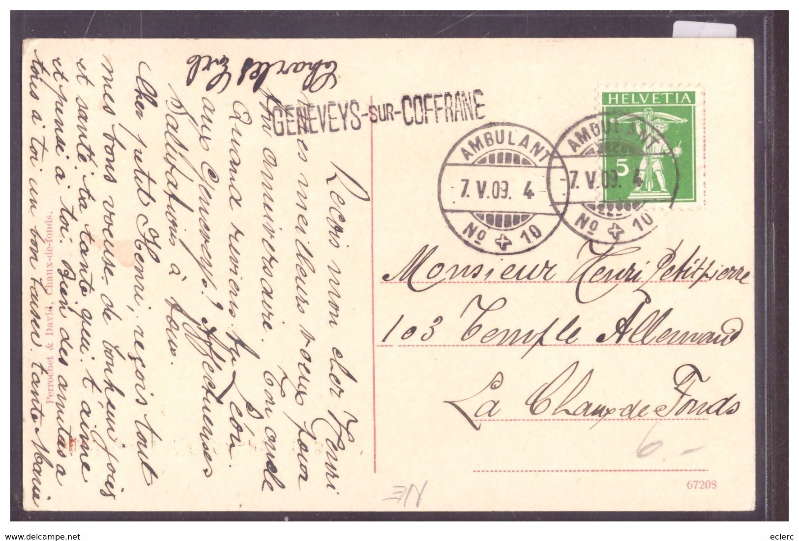 UNE PENSEE DES GENEVEYS SUR COFFRANE - AU DOS: CACHET LINEAIRE - SONDERSTEMPEL - B ( PLI D'ANGLE ) - Coffrane