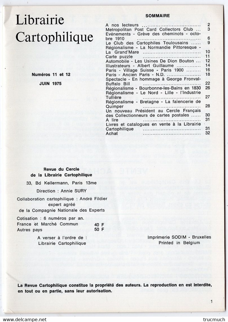 LIBRAIRIE CARTOPHILIQUE - Revue Bimestrielle N° 11 Et 12   - Voir Sommaire - French
