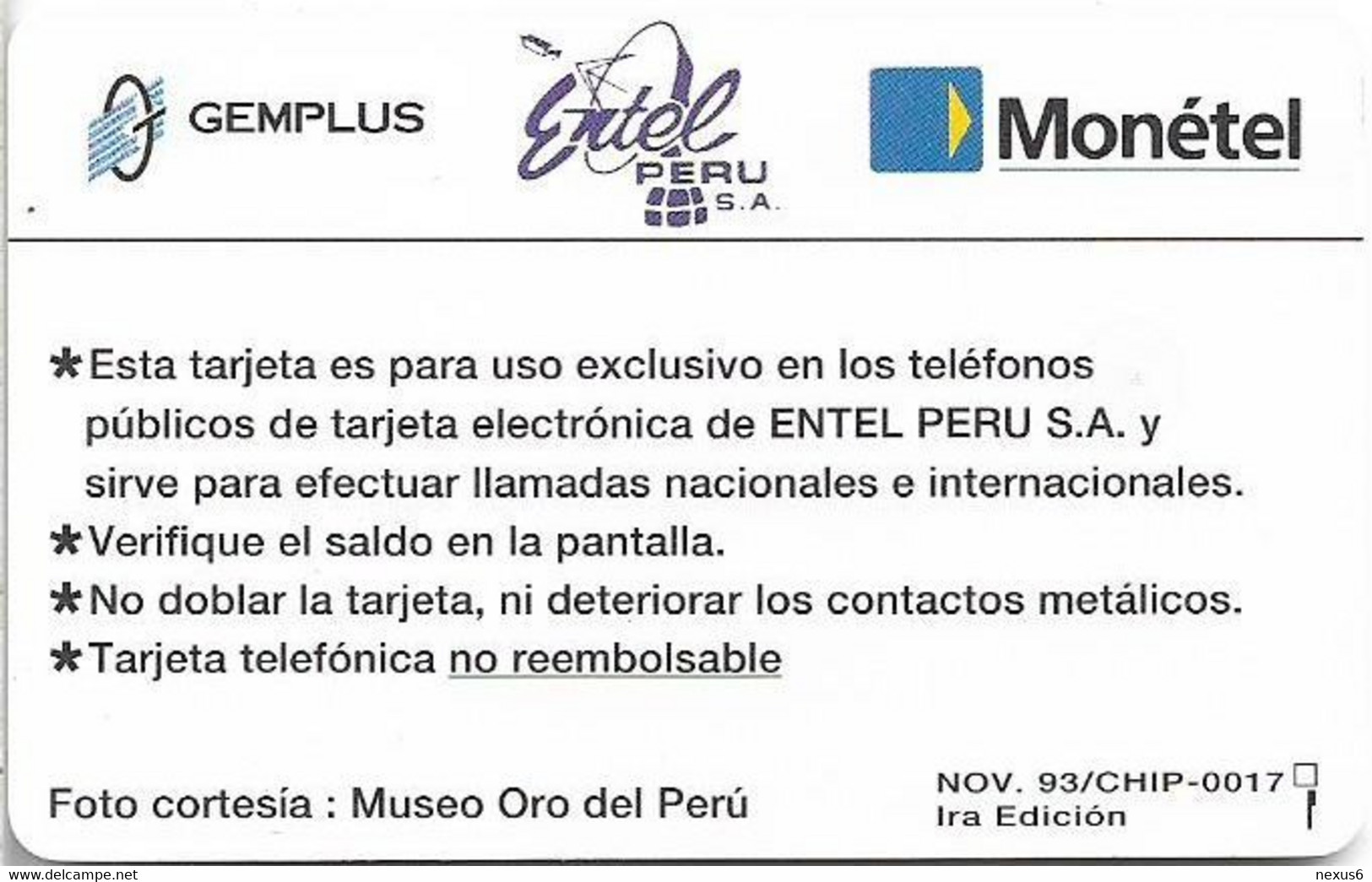 Peru - Entel-Gemplus - Museo Oro Del Peru Trial Card 11.1993, 50Units, Mint - Peru