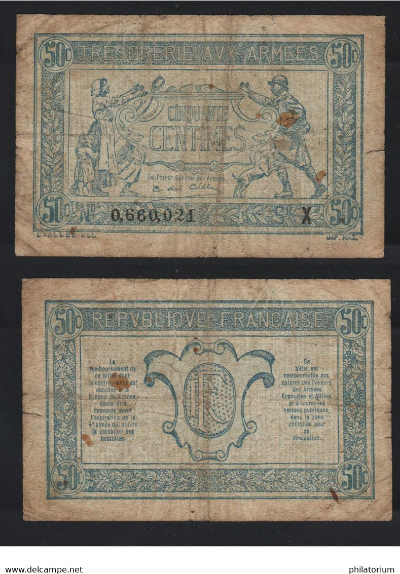 France, 50c, Trésorerie Aux Armées, X 0,660,024, Usagé. - 1917-1919 Army Treasury