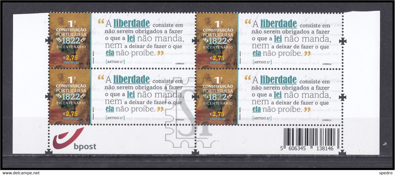 Portugal 2022 200 Anos Da 1.ª Constituição Portuguesa THE FIRST PORTUGUESE CONSTITUTION OF 1822: 200 YEARS - Full Sheets & Multiples