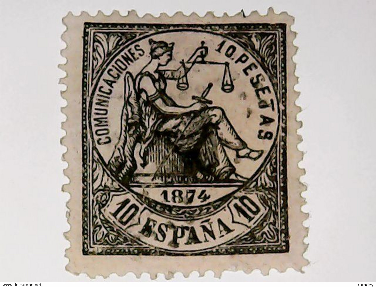 Spain Stamp 1874, Allegory Justice, 10 Peseta, Used, Scott#210, Cat > £1500 - Usati