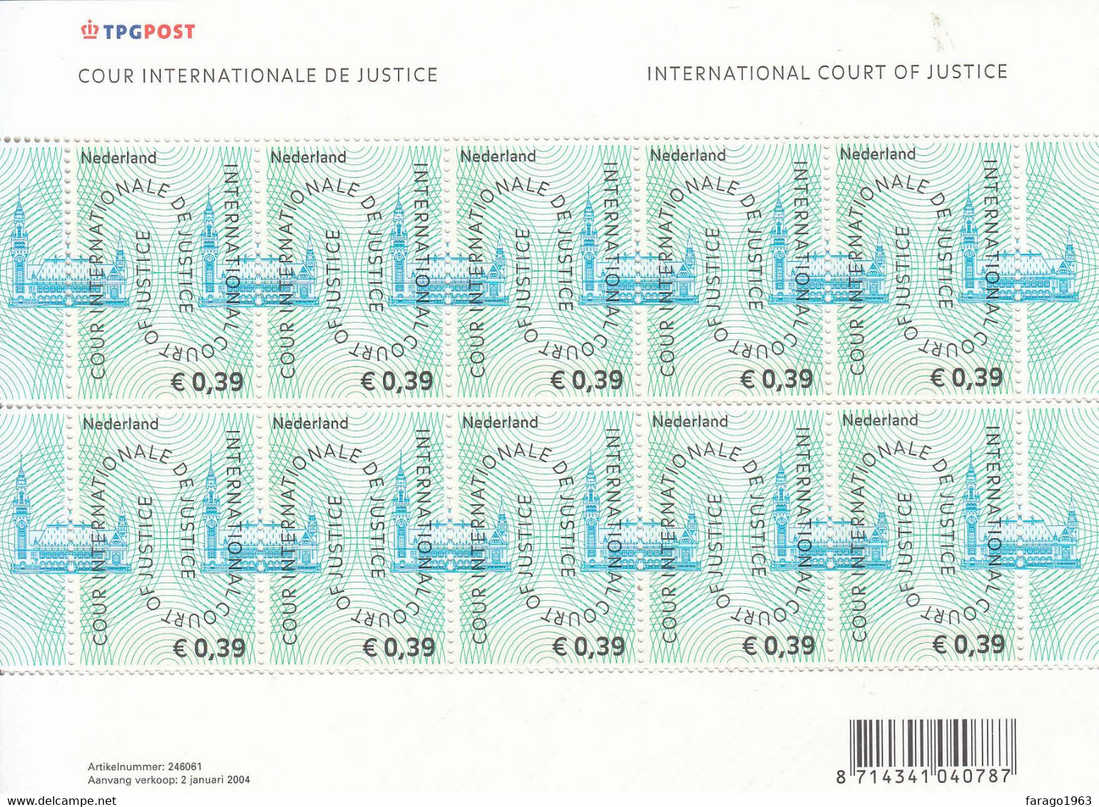 2004 Netherlands 39c International Court Of Justice Hague Law Legal Miniature Sheet Of 10  MNH @ BELOW FACE VALUE - Dienstzegels