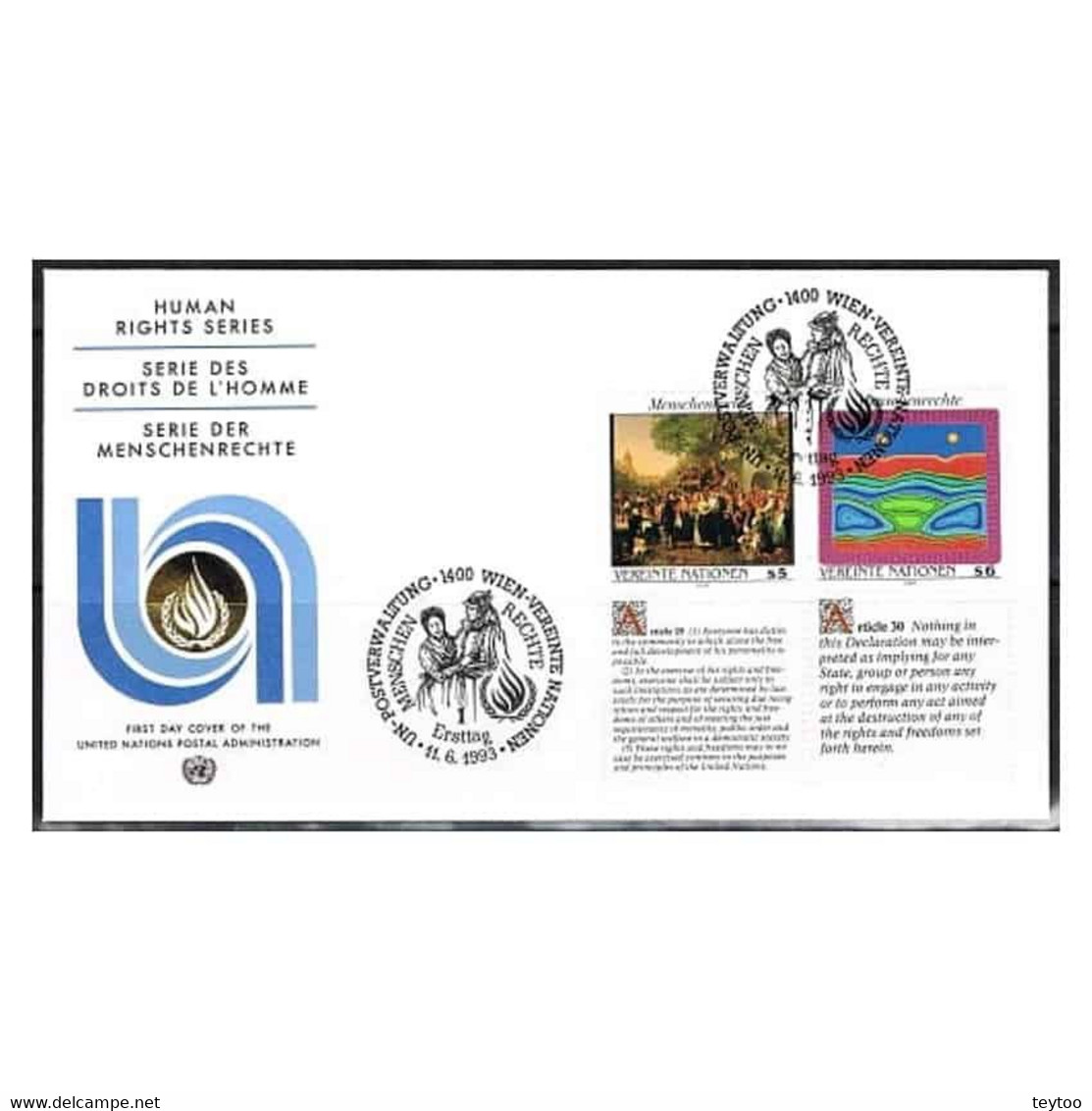 C1438/ Naciones Unidas 1993, FDC Serie Derechos Humanos (NS) - FDC150Zf-151Zf - Brieven En Documenten