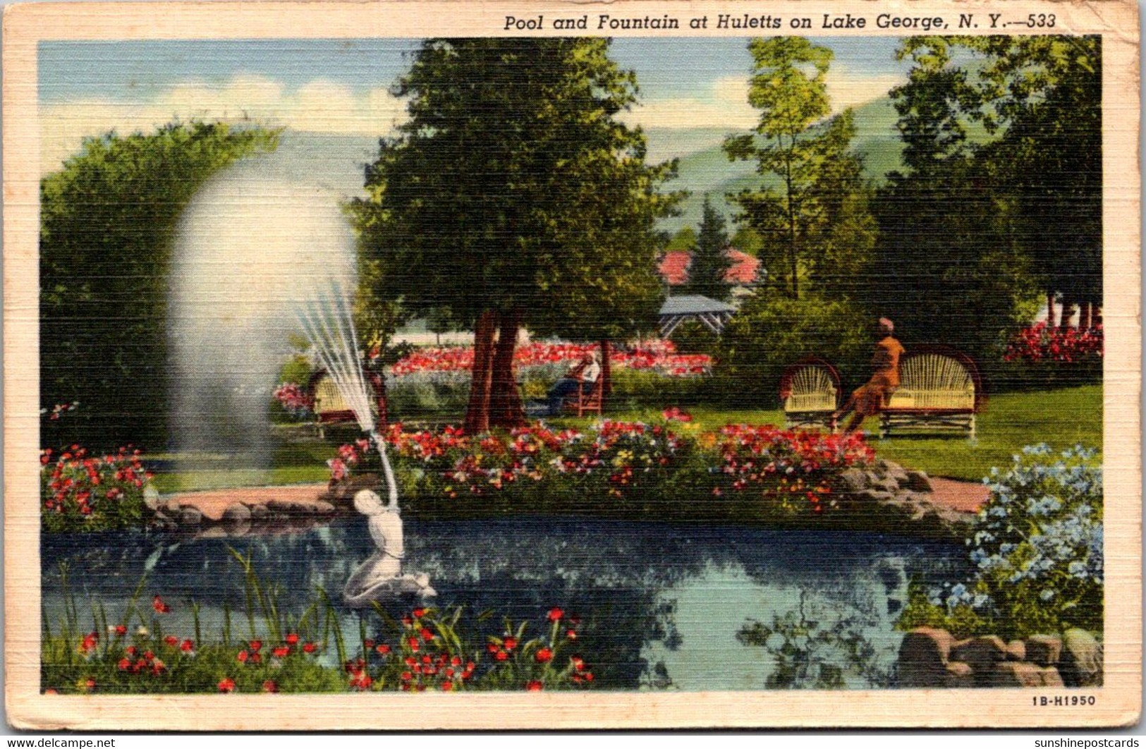 New York Lake George Pool And Fountain At Huletts 1944 Curteich - Lake George
