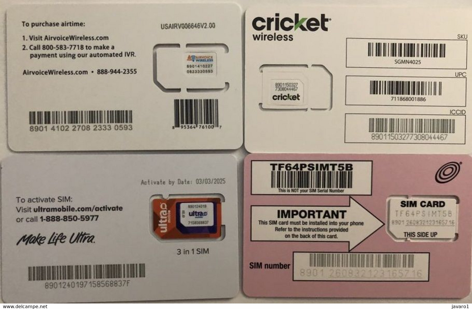 USA : GSM  SIM CARD  : 4 Cards  A Pictured (see Description)   MINT ( LOT D ) - Chipkaarten