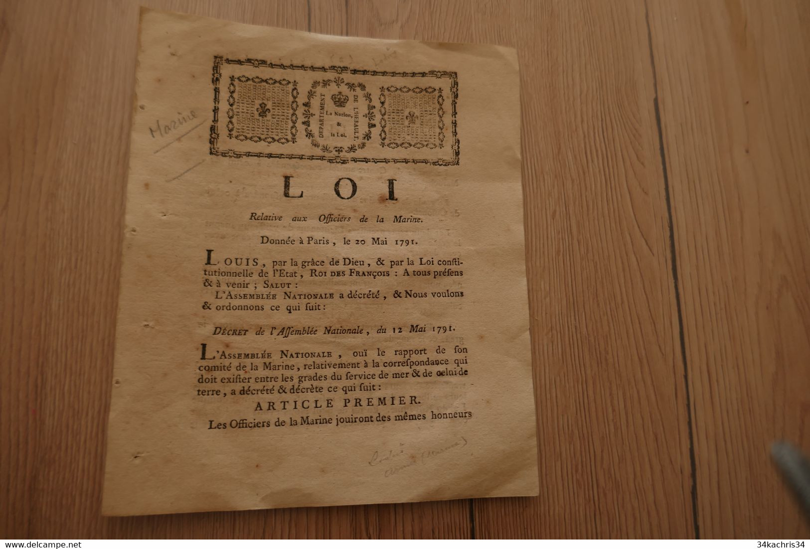 Loi Relative Aux Officiers De La Marine 20/05/1791 Autographe Mourèze à Lodève - Decreti & Leggi