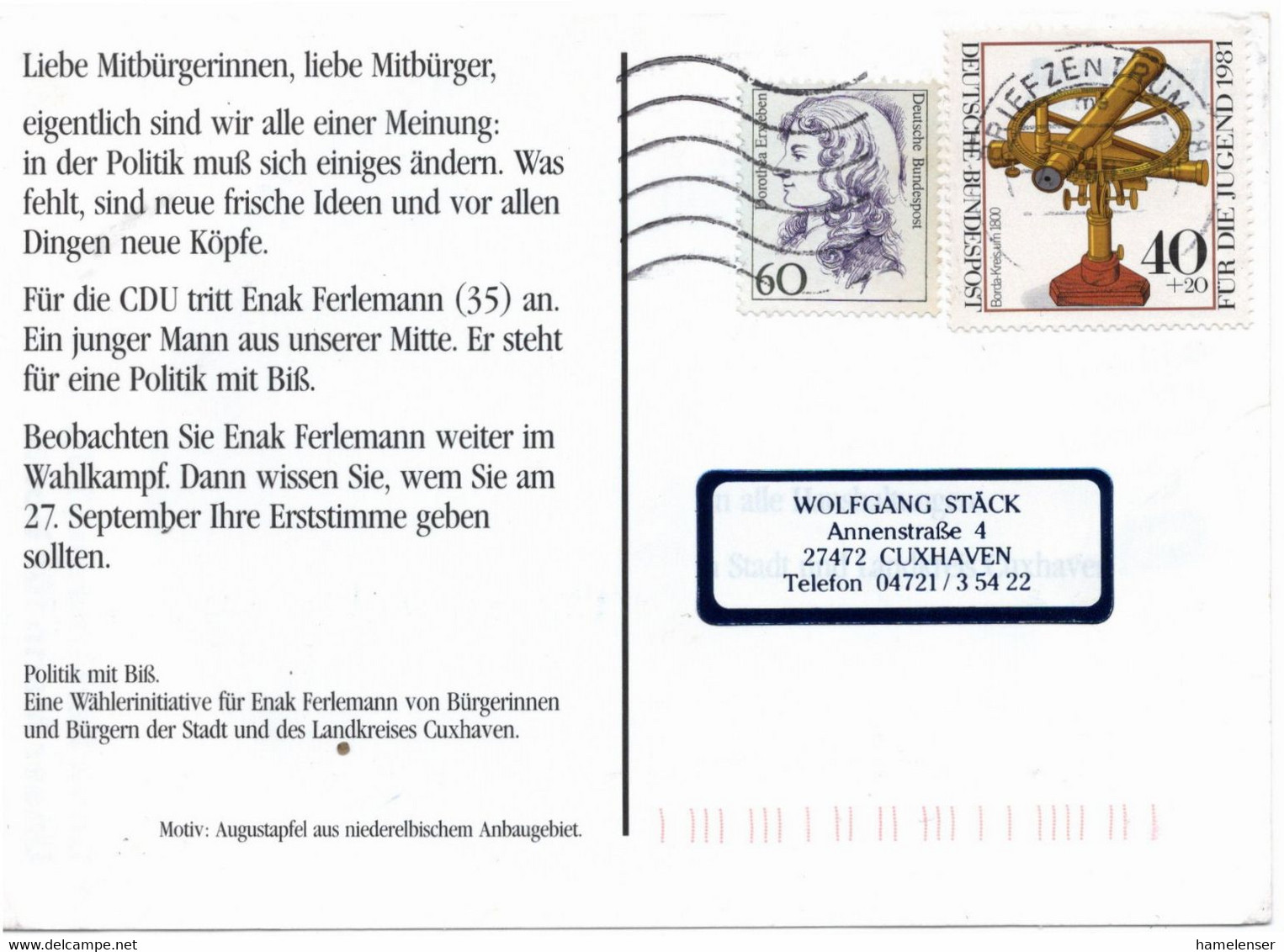 54747 - Bund - 2000 - 40Pfg WoFa '81 MiF A Wahlkampf-AnsKte BRIEFZENTRUM 28 -> Cuxhaven - Sonstige & Ohne Zuordnung