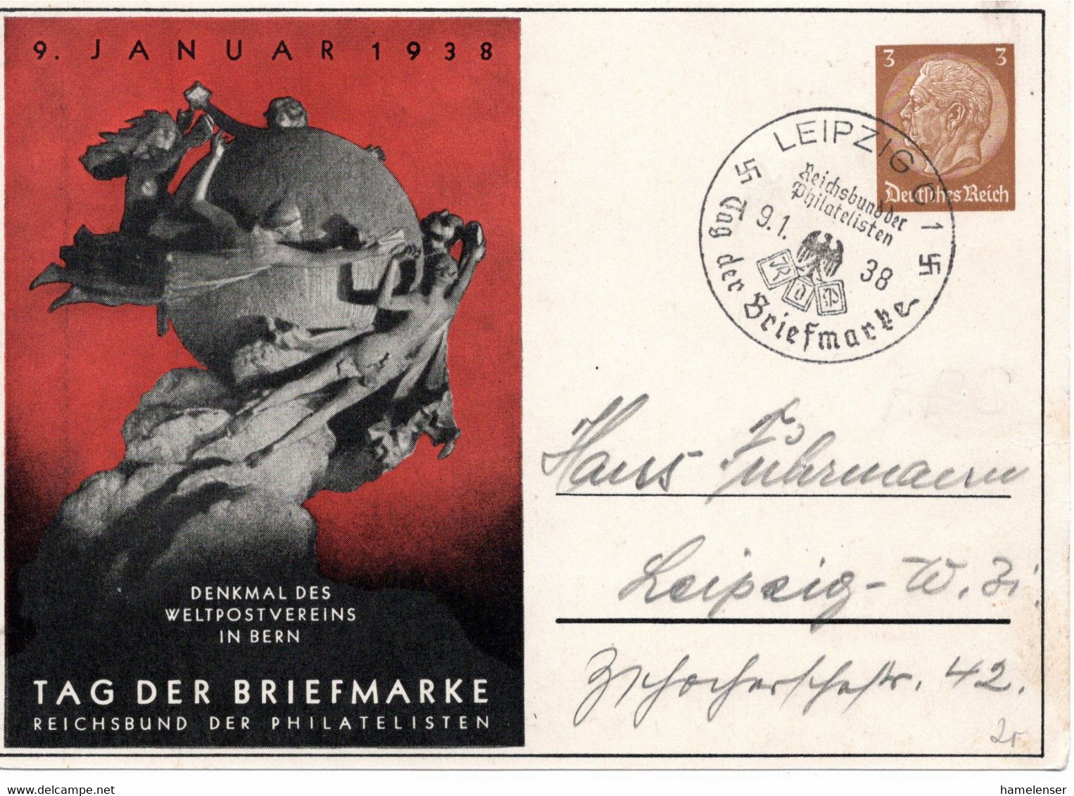 54749 - Deutsches Reich - 1938 - 3Pfg Hindenburg OrtsPGAte "Tag Der Briefmarke / UPU" SoStpl LEIPZIG - TAG DER BRIEFMARK - Tag Der Briefmarke