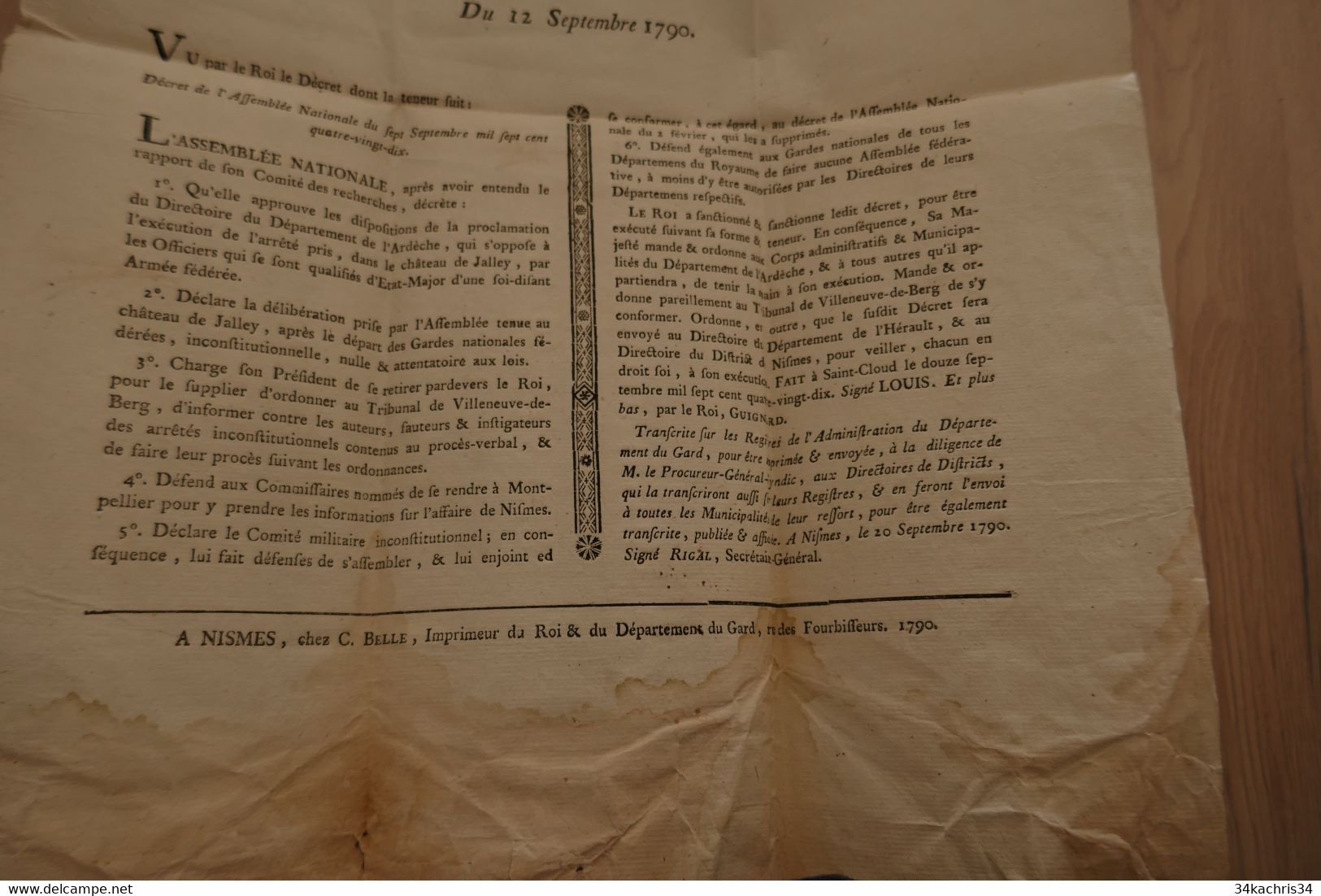 Affiche Placard Proclamation Du Roi 12/09/1790 Ardèche Gard Politique Directoire 48 X 32.5 Château De Jalley - Historical Documents