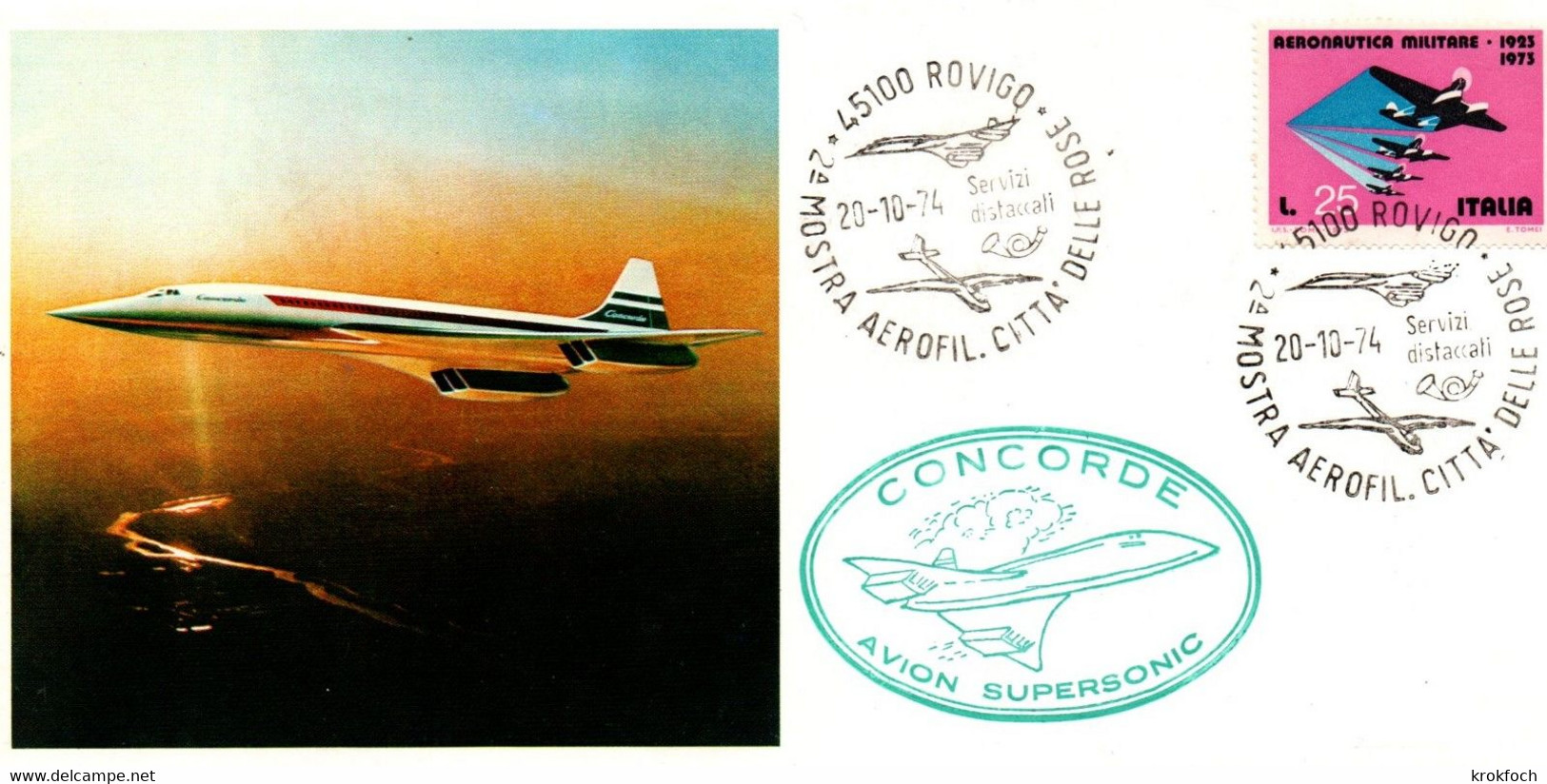 Rovigo 1974 - Citta Delle Rose - Concorde Cor Planeur - Mostra Aerofilatelica - 1971-80: Storia Postale