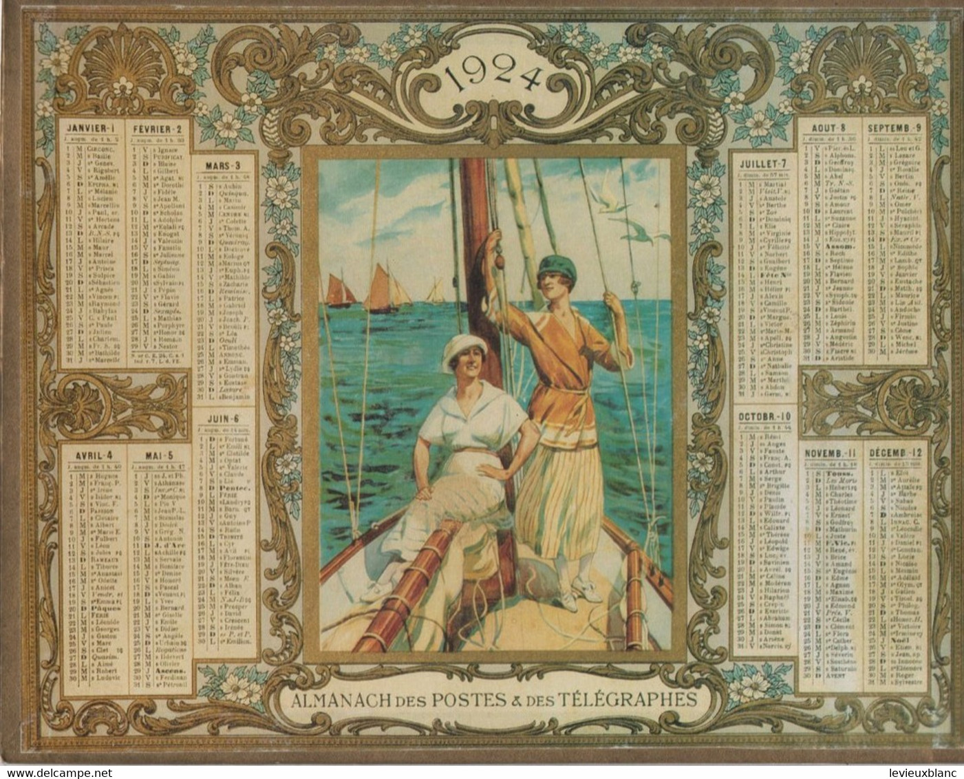 Almanach Des Postes & Des Télégraphes/ Jeunes Femmes Sur Voilier/Très Beau Calendrier/1924                CAL493 - Tamaño Grande : 1921-40