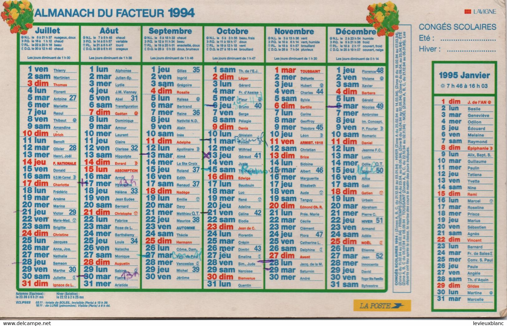 Almanach Du Facteur /La Poste / LAVIGNE/ La Poste à Votre Service /1994               CAL495 - Big : 1991-00