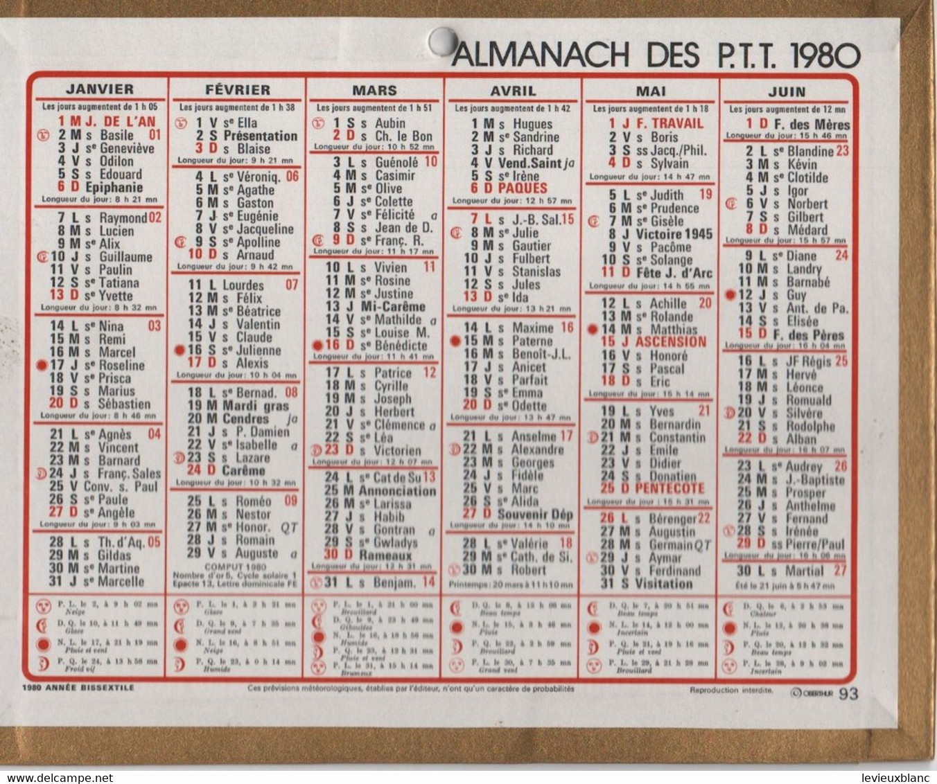 Almanach Des PTT/Petit Calendrier Mural Recto-Verso/ Oberthur 93/ 1980 Année Bissextile/1980             CAL496 - Kleinformat : 1971-80