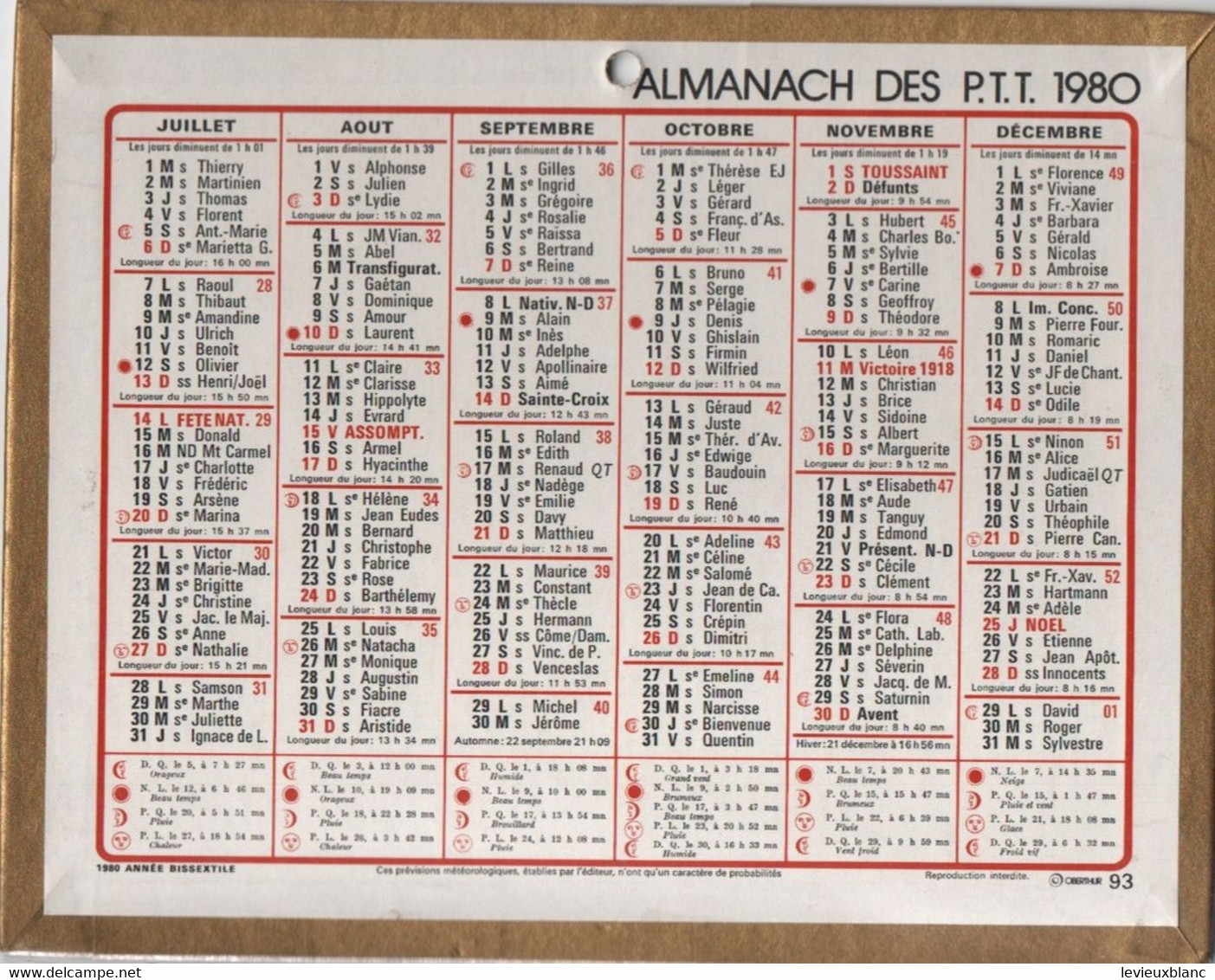 Almanach Des PTT/Petit Calendrier Mural Recto-Verso/ Oberthur 93/ 1980 Année Bissextile/1980             CAL496 - Petit Format : 1971-80