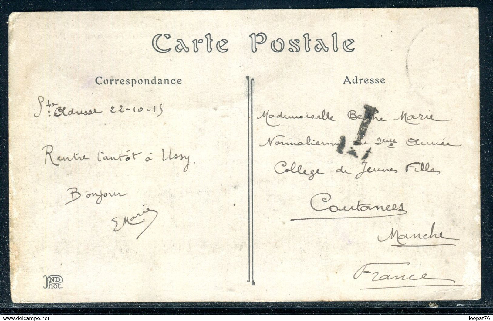 Belgique - Oblitération Ste Adresse Poste Belge Sur Carte Postale En 1915 Pour Coutances - S 34 - Otros & Sin Clasificación