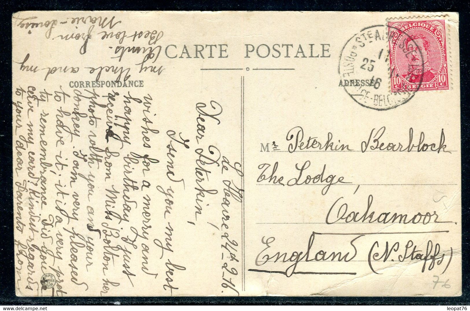 Belgique - Oblitération Ste Adresse Poste Belge Sur Carte Postale En 1916 Pour La Grande Bretagne - S 37 - Sonstige & Ohne Zuordnung