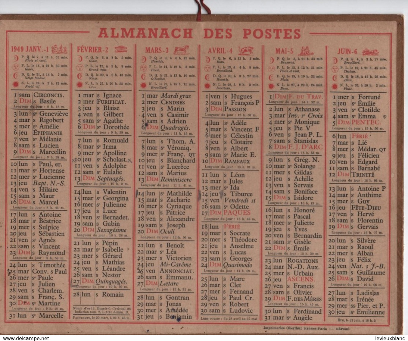Almanach Des Postes / Ancien 1949/ Imprimeries OBERTHUR Rennes-Paris / 1949          CAL499 - Petit Format : 1941-60