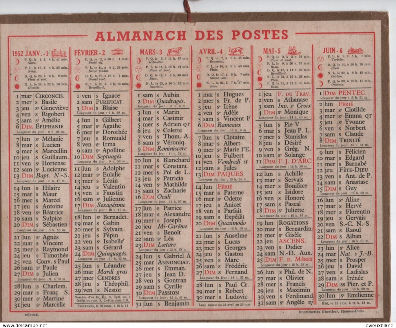 Almanach Des Postes / Ancien 1952 Imprimeries OBERTHUR Rennes-Paris / 1952         CAL500 - Petit Format : 1941-60