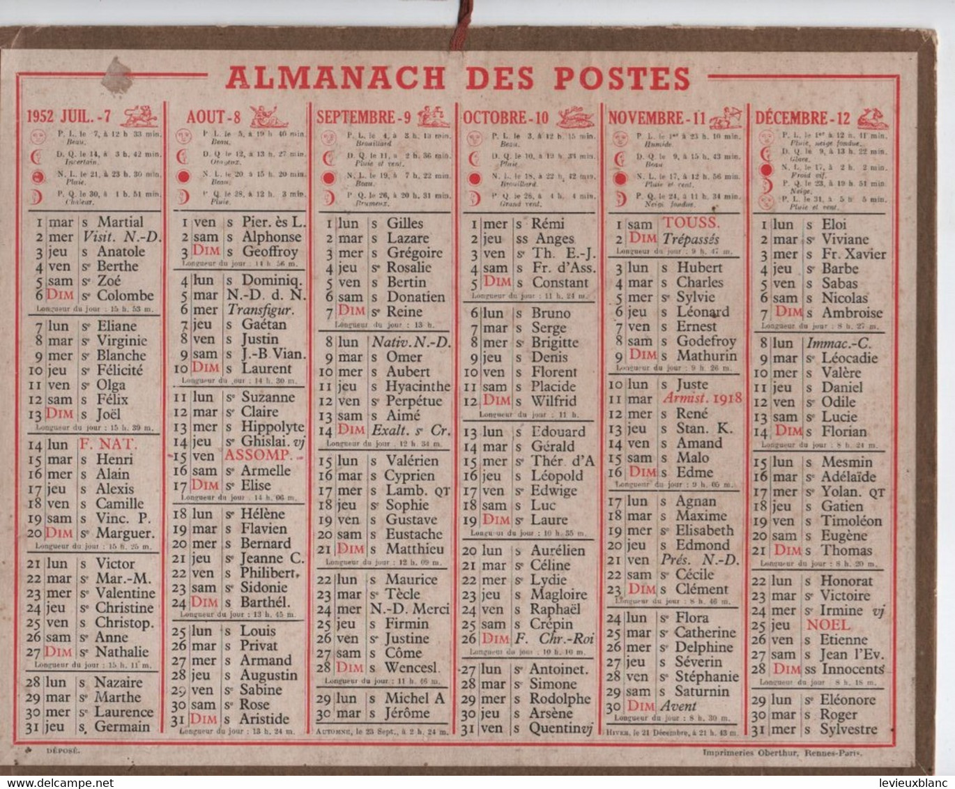 Almanach Des Postes / Ancien 1952 Imprimeries OBERTHUR Rennes-Paris / 1952         CAL500 - Petit Format : 1941-60
