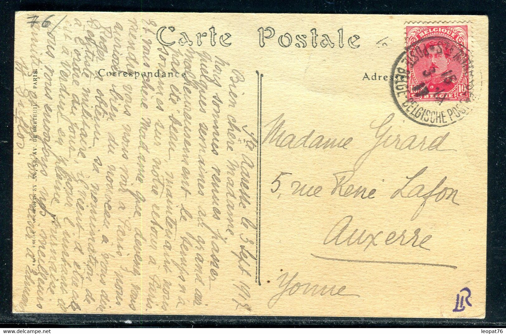 Belgique - Oblitération Ste Adresse Poste Belge Sur Carte Postale En 1917 Pour Auxerre - S 61 - Otros & Sin Clasificación