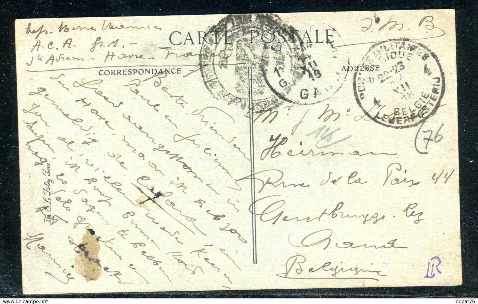 Belgique - Oblitération Poste Militaire Belge Sur Carte Postale En FM En 1918 Pour La Belgique  - S 72 - Belgisch Leger