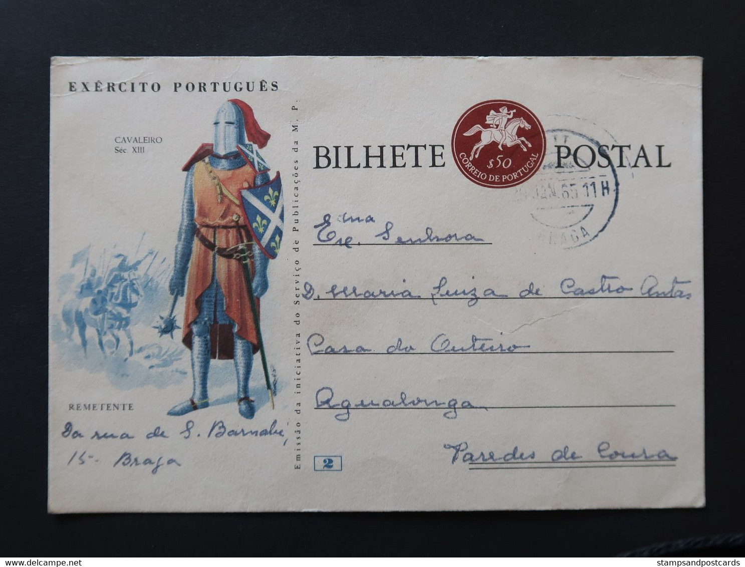 Portugal Carte Entier Postal Voyagé 1965 Chevalier XIII Siècle Cheval Used Postal Stationery XIII Cent. Knight Horse - Militares