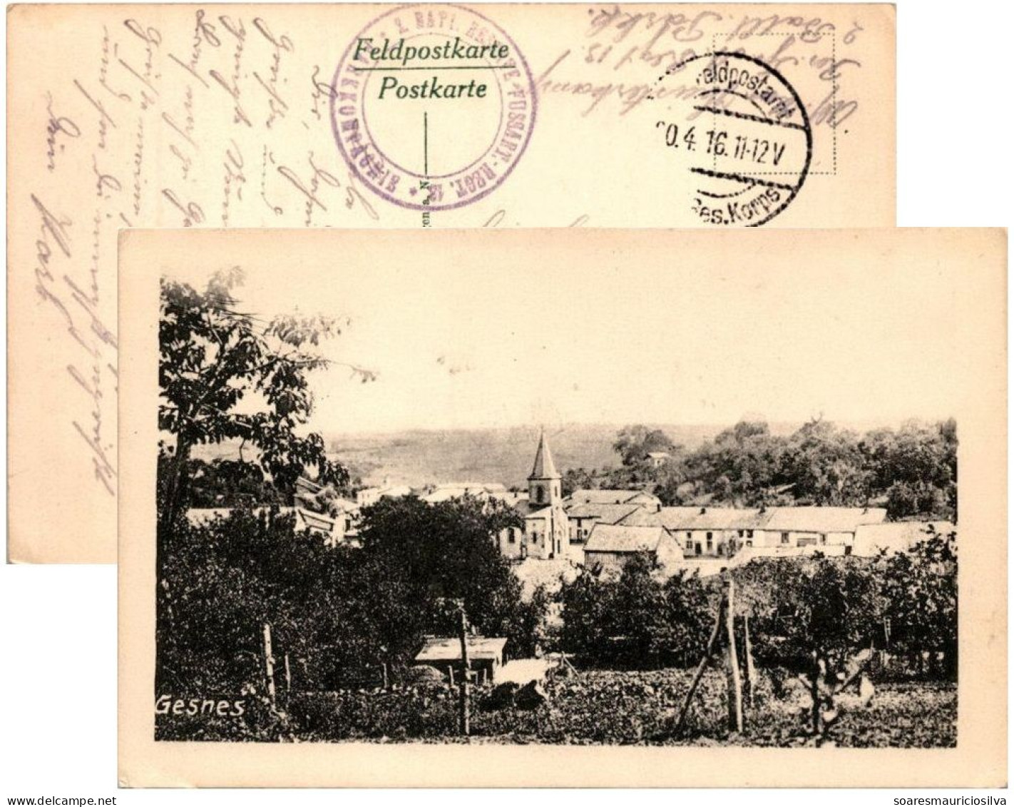 Germany 1916 Postcard Field Post WW1 Feldpostkarte Feldpost general View Of Gesnes-en-Argonne City Eglise - Militaria