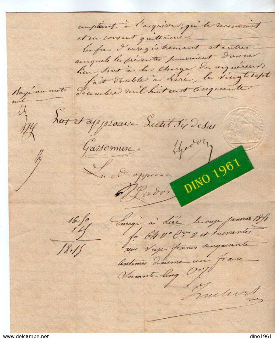 VP20.444 - LERE - Acte De 1850 - Vente D'un Pré Sise à SURY Par Mr GARSONNIN  à Mr GADOIN Juge à COSNE - Manuscrits