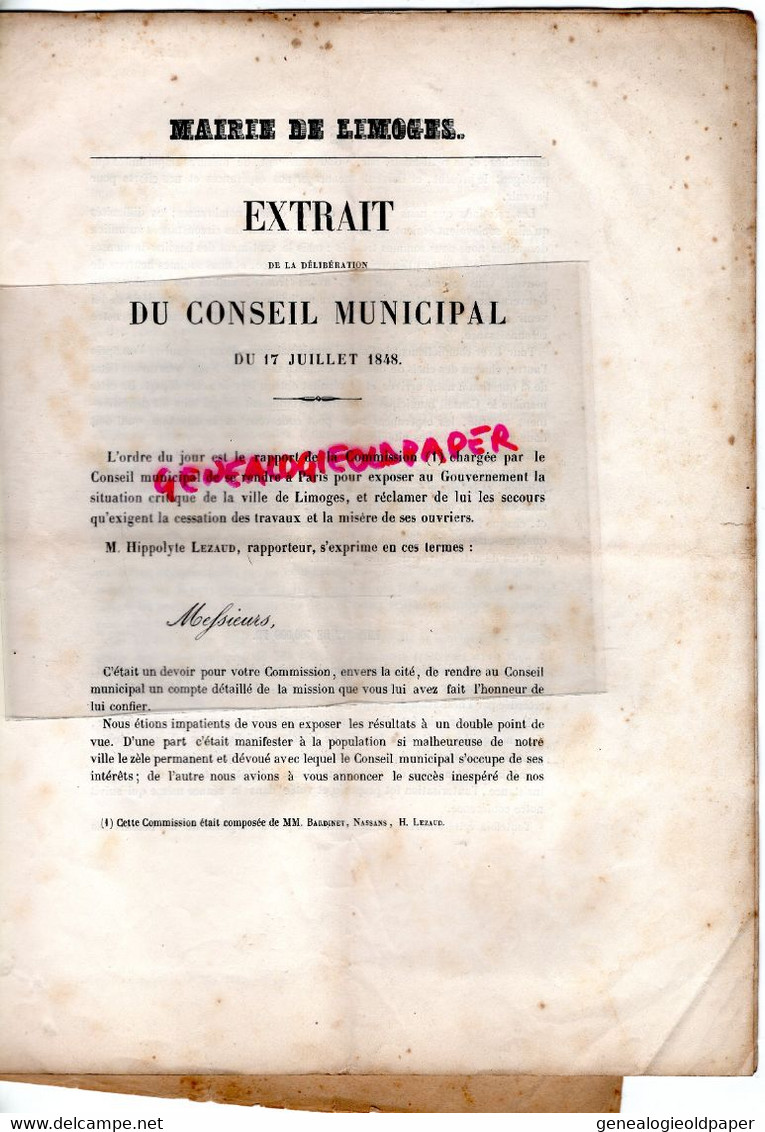 87- LIMOGES-DELIBERATION CONSEIL MUNICIPAL 17 JUILLET 1848-IMPRIMERIE CHAPOULAUD -HIPPOLYTE LEZAUD-BARDINET-DUPUYTREN - Historical Documents