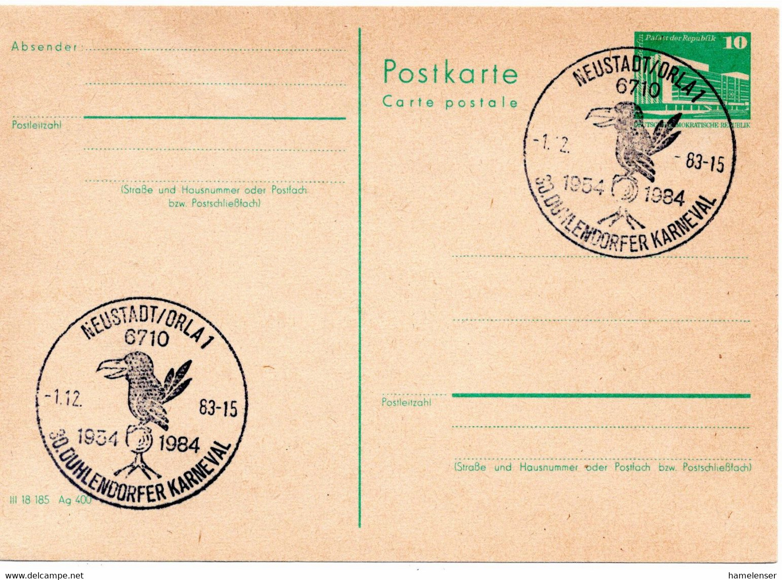 54781 - DDR - 1983 - 10Pfg Kl.Bauten GAKte SoStpl NEUSTADT/ORLA - 30.DUHLENDORFER KARNEVAL, Nicht Gelaufen - Carnaval