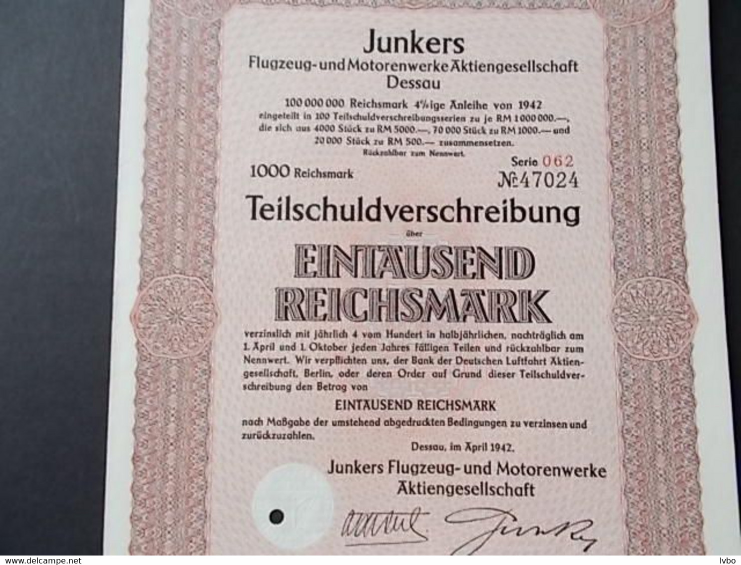 Teilschuldverschreibung Junkers Flugzeug Motorenwerke 1000 Reichsmark - Aviazione