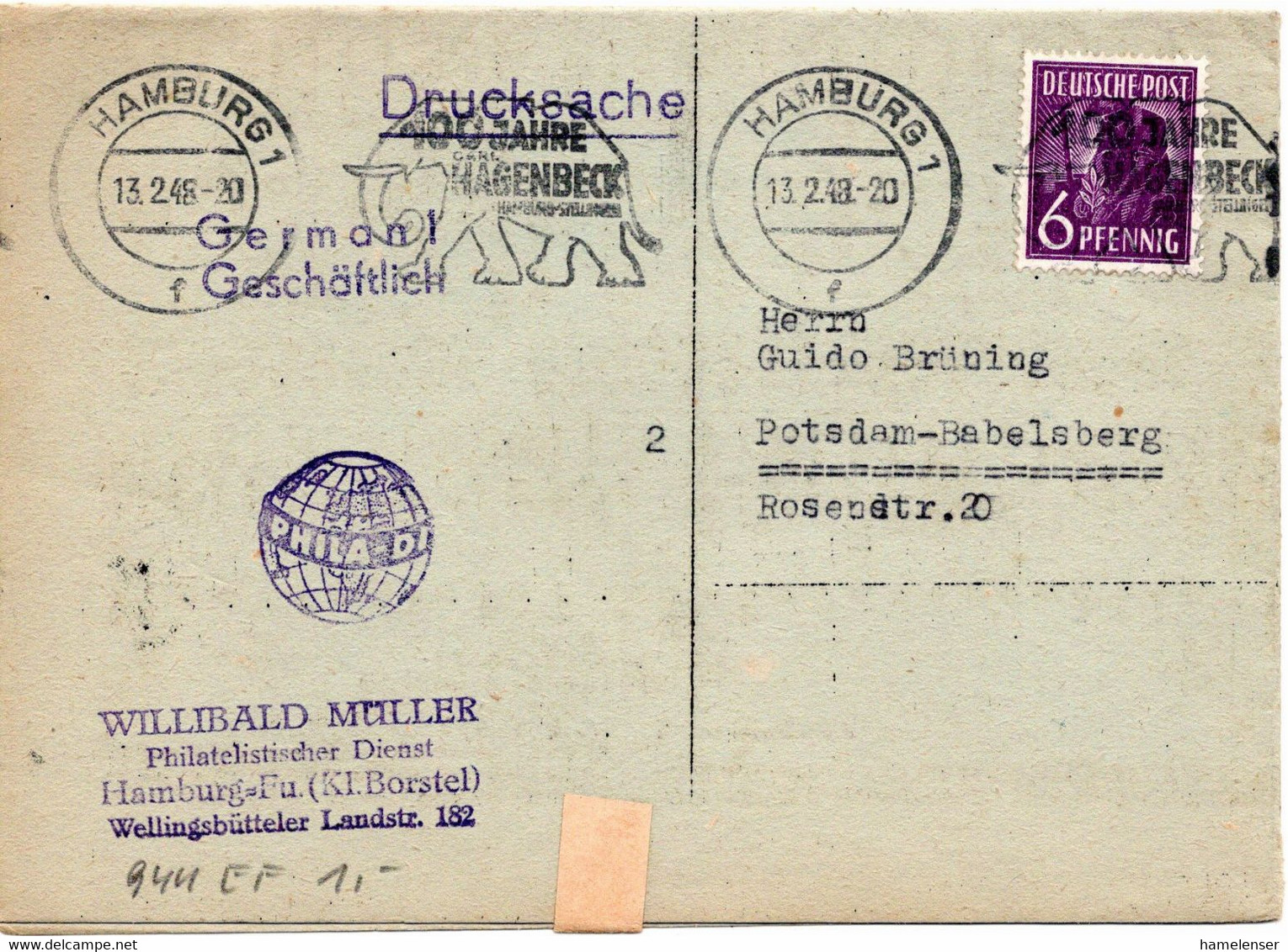 54793 - Alliierte Besetzung - 1948 - 6Pfg Arbeiter EF A DrucksBf HAMBURG - 100 JAHRE CARL HAGENBECK ... -> Potsdam - Eléphants