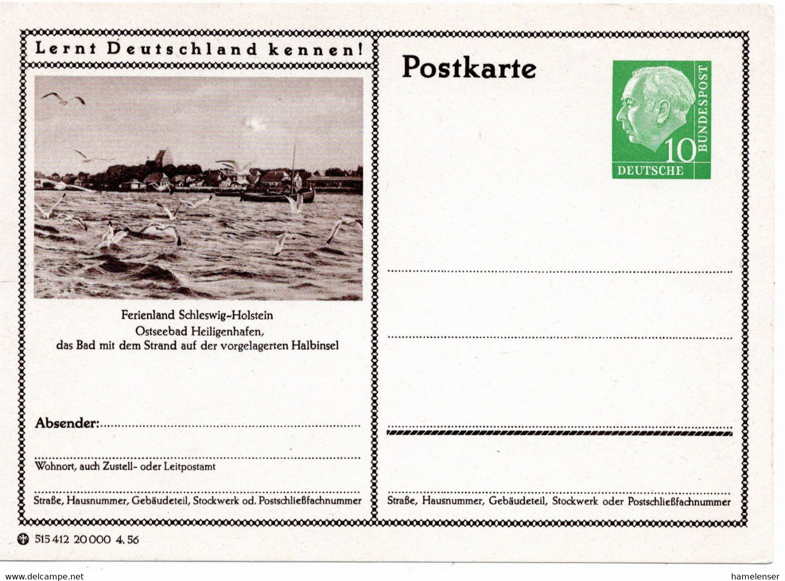 54794 - Bund - 1956 - 10Pfg Heuss I BildGAKte "Ostseebad Heiligenhafen", Ungebraucht - Mouettes