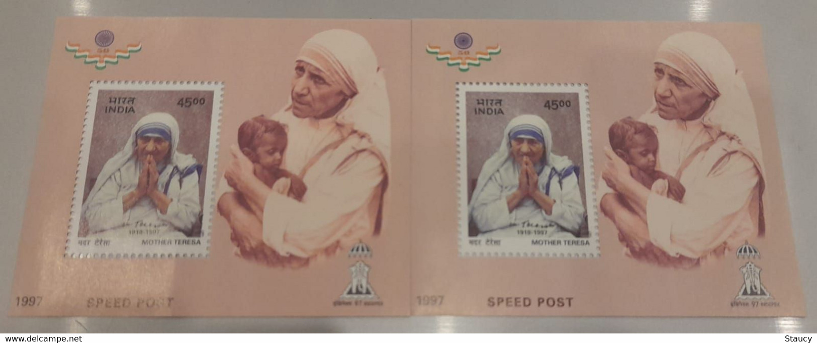 India 1997 Error Mother Teresa Speed ​​Post 2 Miniature Sheets Right One Is "DRY PRINT" MS MNH - Mère Teresa