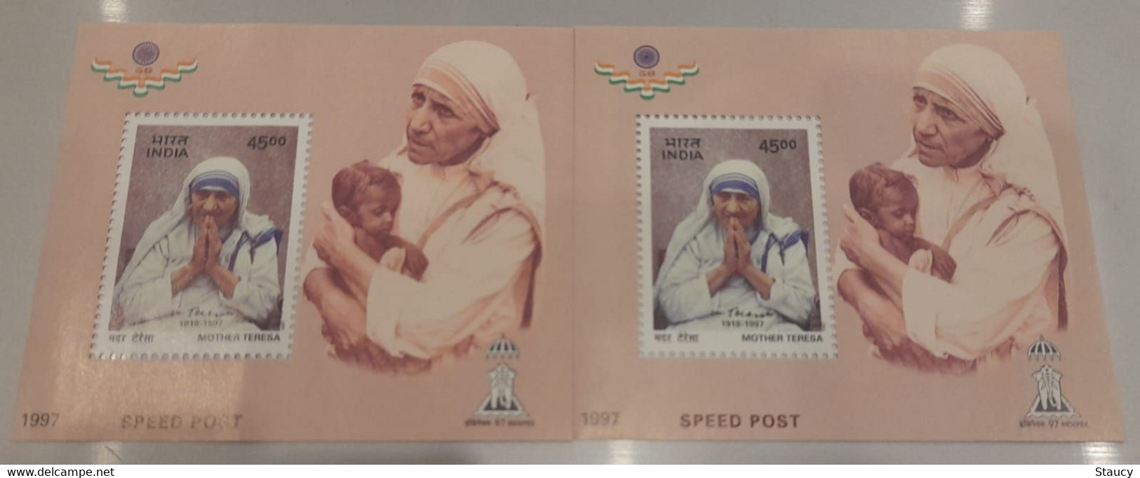 India 1997 Error Mother Teresa Speed ​​Post 2 Miniature Sheets Right One Is "DRY PRINT" MS MNH - Variétés Et Curiosités