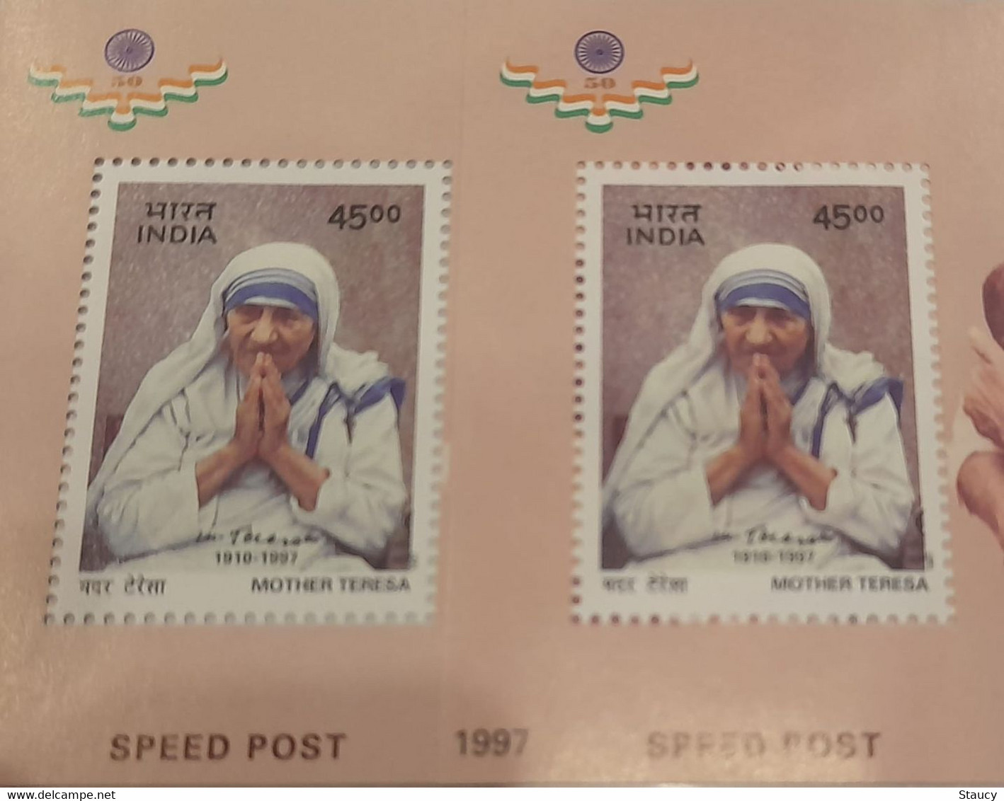 India 1997 Error Mother Teresa Speed ​​Post 2 Miniature Sheets Right One Is "DRY PRINT" MS MNH - Errors, Freaks & Oddities (EFO)