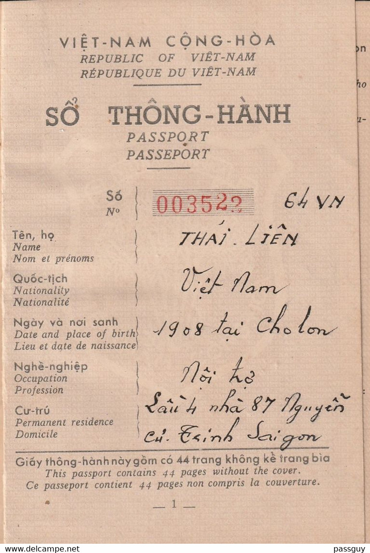 SOUTH VIETNAM Passport 1964 VIETNAM-SUD Passeport  – Reisepaß – Revenues/Fiscaux - Documenti Storici