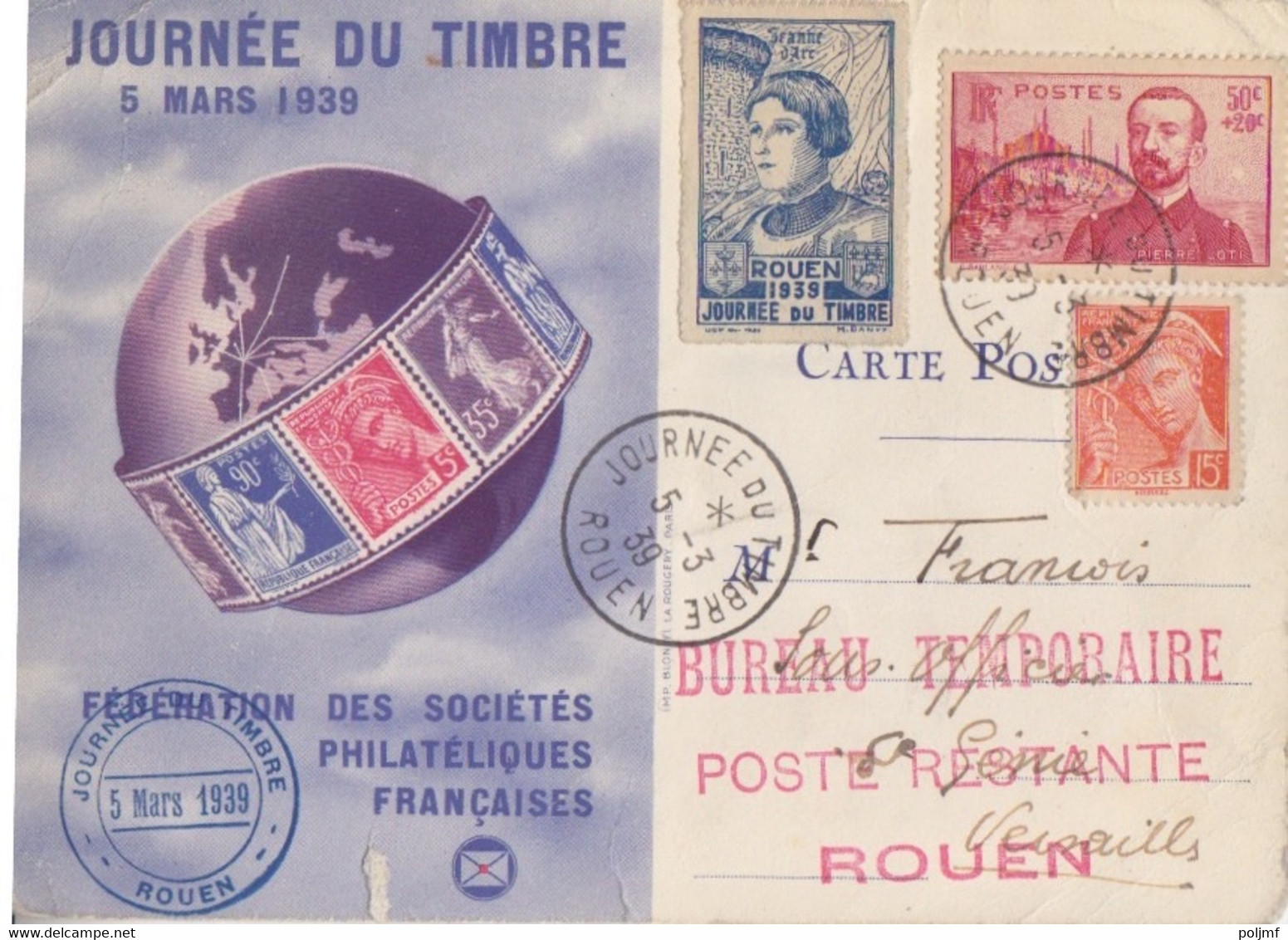 F CP Journée Du Timbre De 1939 Obl. Rouen Sur N° 353 (Loti) Et 408 + 1vignette Jeanne D'Arc - Storia Postale