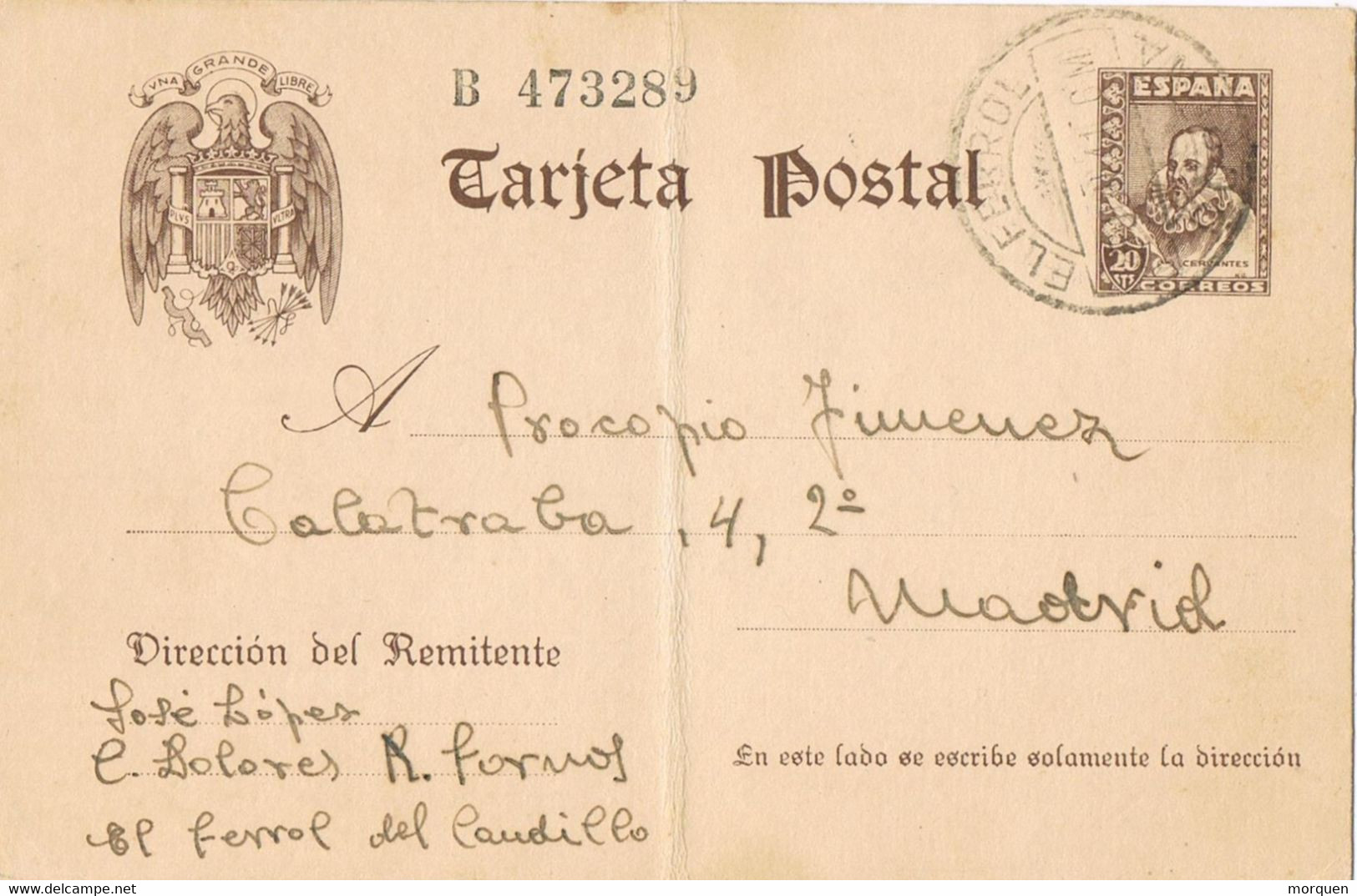 46844. Entero Postal EL FERROL (Coruña) 1941. Tipo Cervantes Sin Pie Imprenta - 1931-....