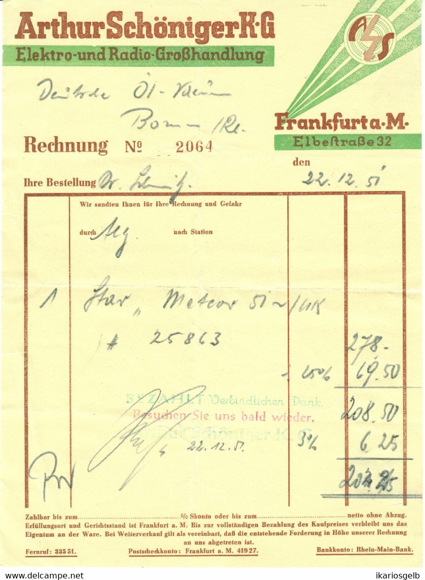 Frankfurt Main 1950 Deko Farbige Rechnung " Arthur Schöniger Elektro- Und Radio-Großhandlung Elbestr. 32 " - Elektrizität & Gas