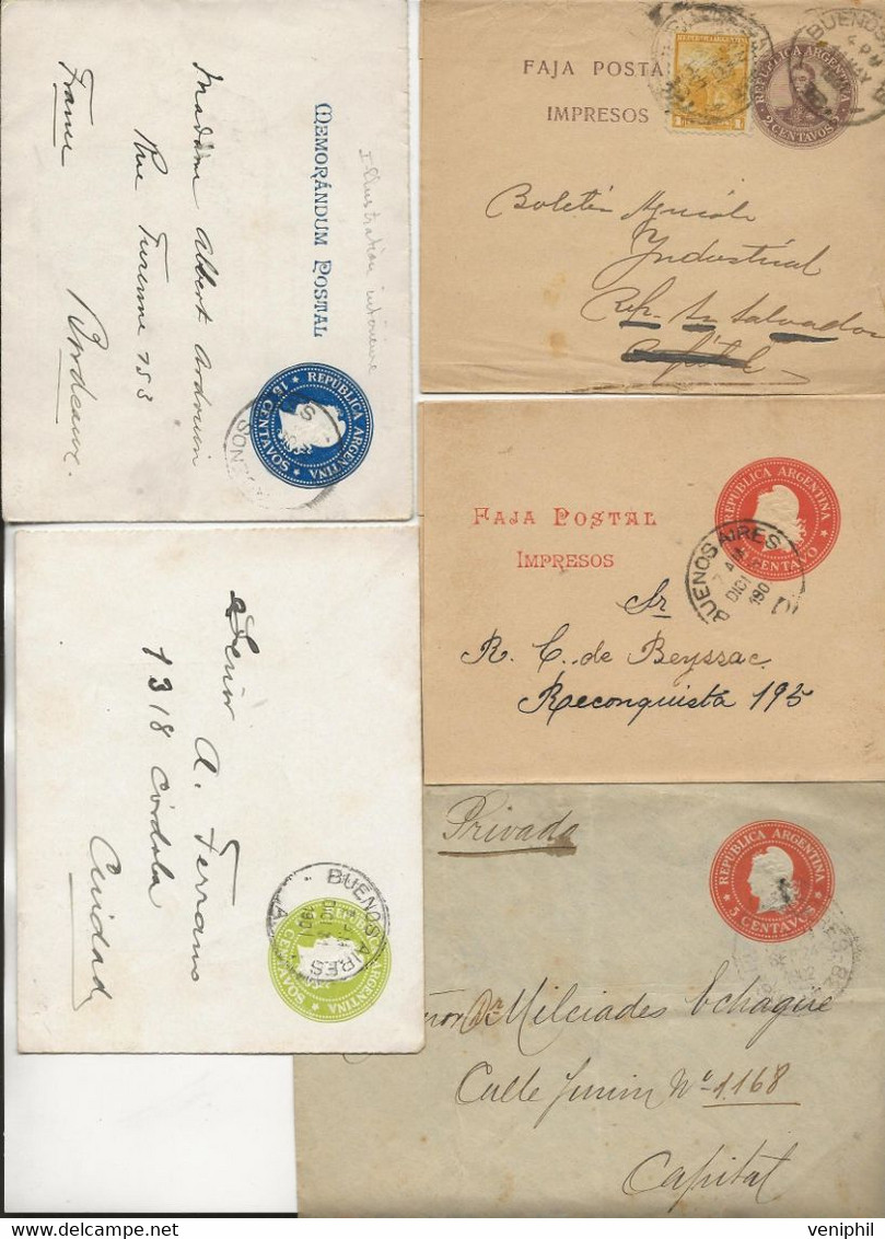 ARGENTINE -LOT DE 9 ENTIERS POSTAUX  CIRCULES DES ANNEES 1900 - Postal Stationery