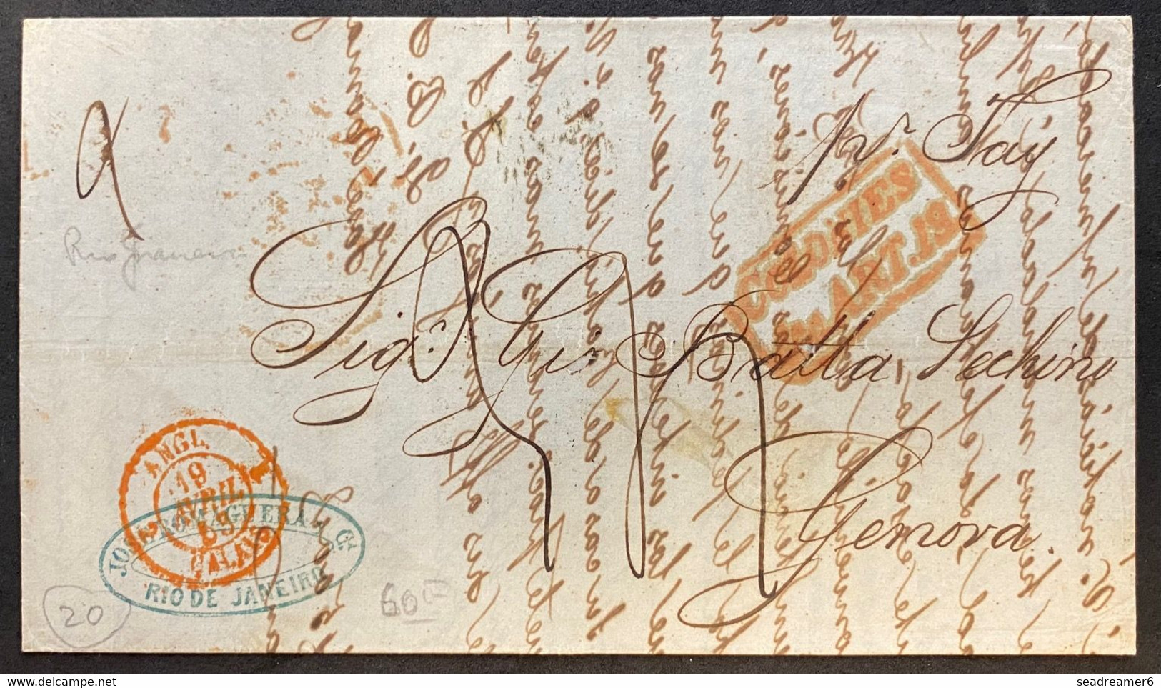 Bresil Lettre De 1853 Sans Timbre Pour GENOVA En ITALIE + Colonies & Art.13 + Entrée " ANGL 2 Calais " + Transits / Taxe - Lettres & Documents