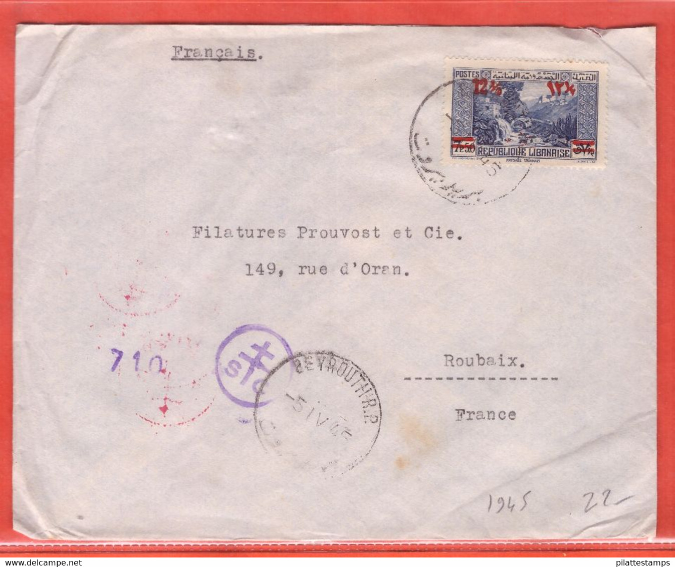 GRAND LIBAN LETTRE CENSUREE DE 1945 DE BEYROUTH POUR ROUBAIX FRANCE - Covers & Documents